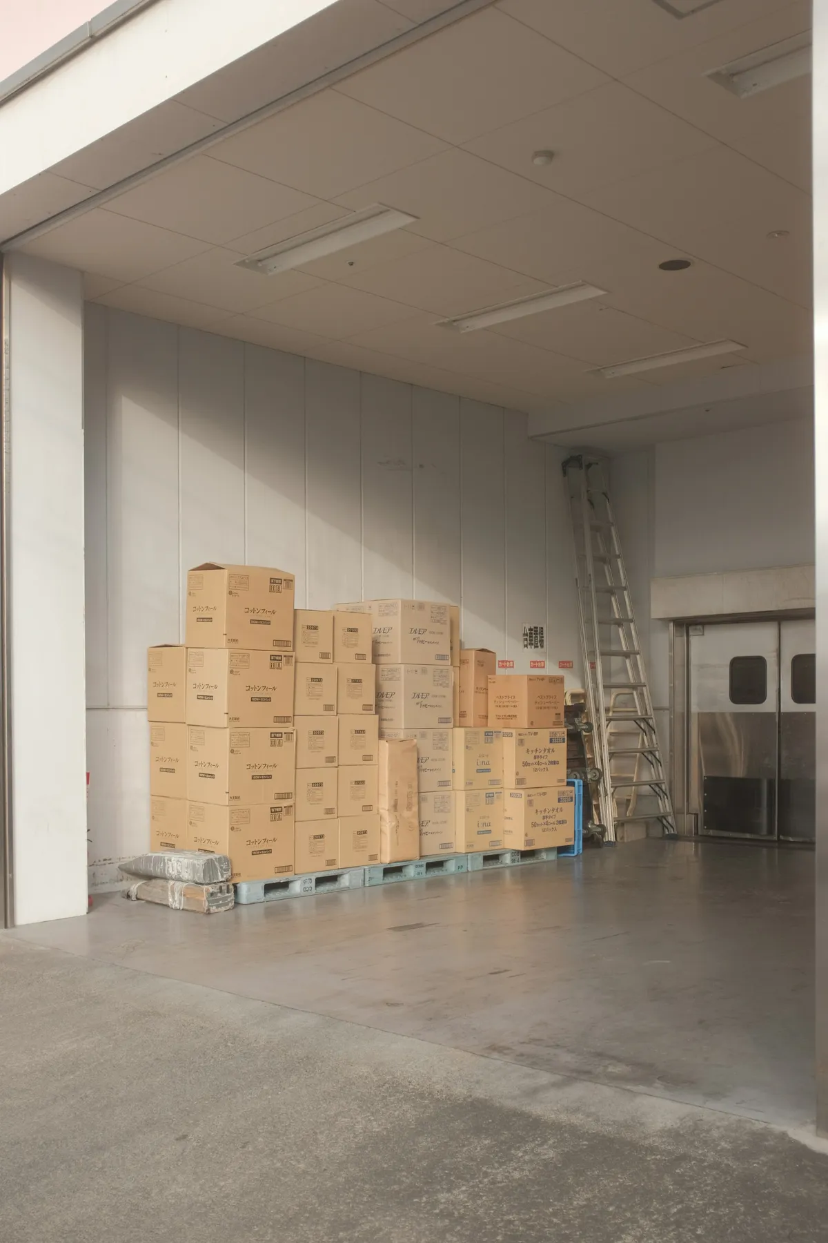 Stacked cardboard boxes on pallets inside a warehouse